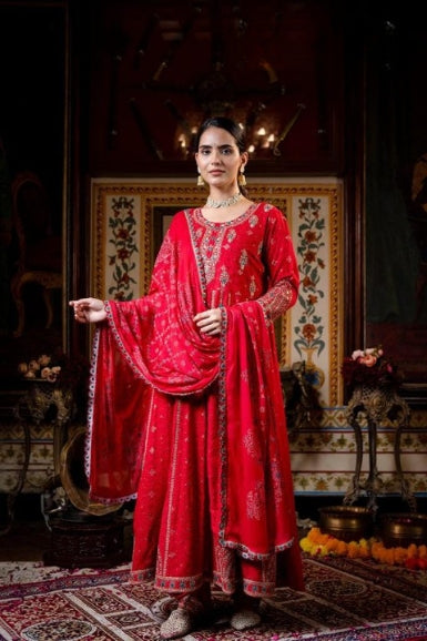 Deep Red Cotton Schiffili Embroidered Anarkali Kurti-Pant Set With Chiffon Dupatta