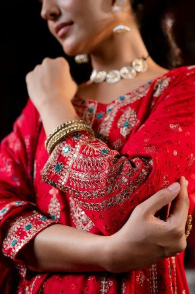 Deep Red Cotton Schiffili Embroidered Anarkali Kurti-Pant Set With Chiffon Dupatta