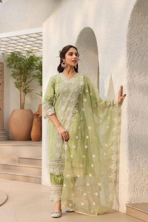 Pista Green Schiffili Embroidered Three Piece Salwar Suit Set