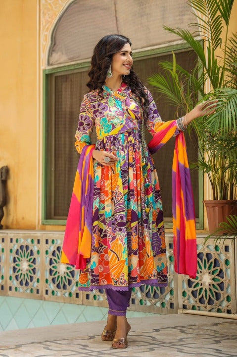 Purple Angrakha Pattern Three Piece Anarkali Kurti Set