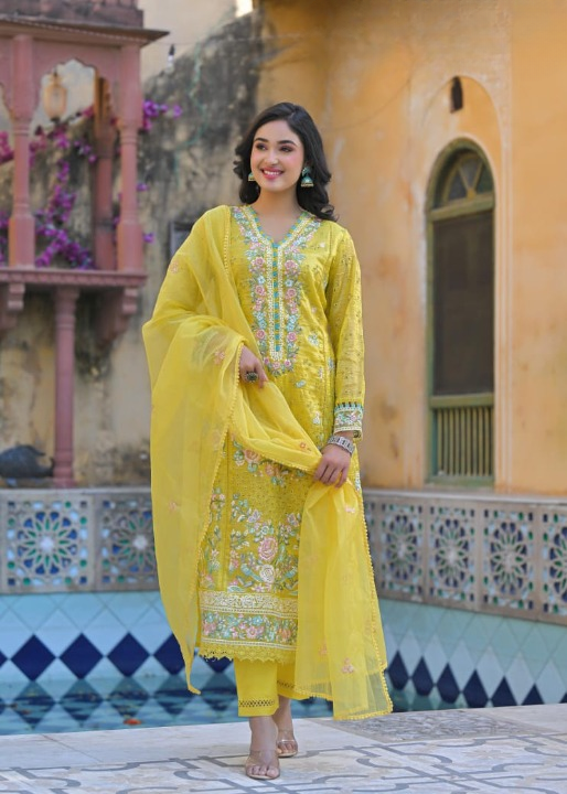 Yellow Anarkali Suit Set With Organza Dupatta