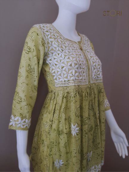 Olive Green Printed Cotton Mulmul Chikankari Short Kurti With Dori