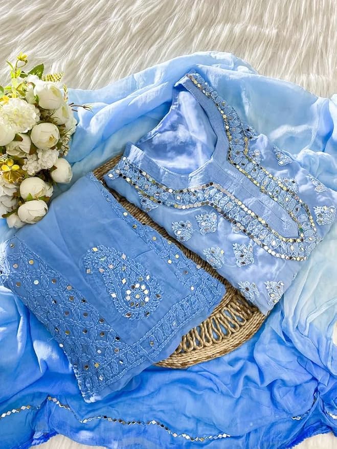 Blue Ombre Georgette Chikankari Kurti Palazzo Dupatta Set With Mirror Work