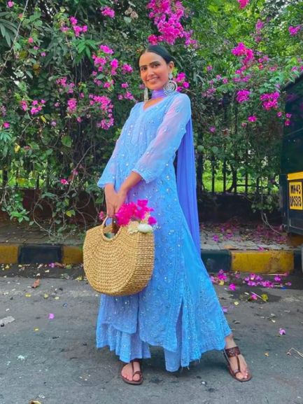 Blue Ombre Georgette Chikankari Kurti Palazzo Dupatta Set With Mirror Work