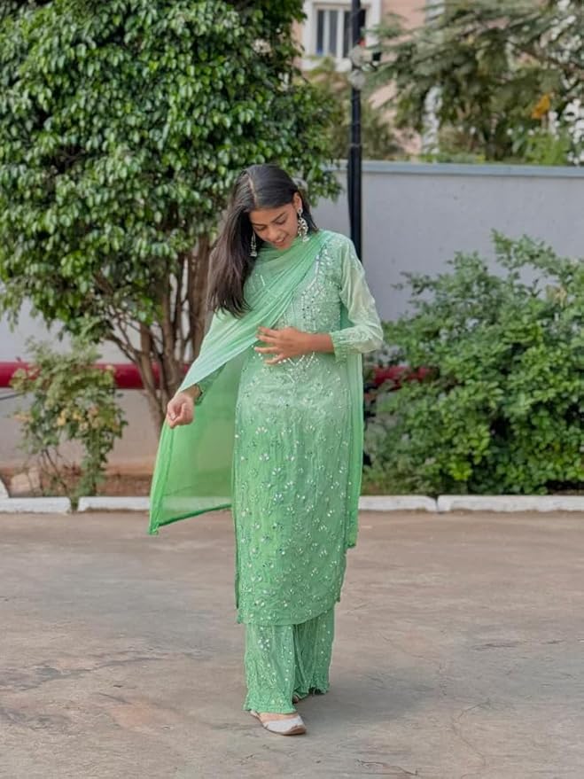 Pista Green Ombre Georgette Chikankari Kurti Palazzo Dupatta Set With Mirror Work