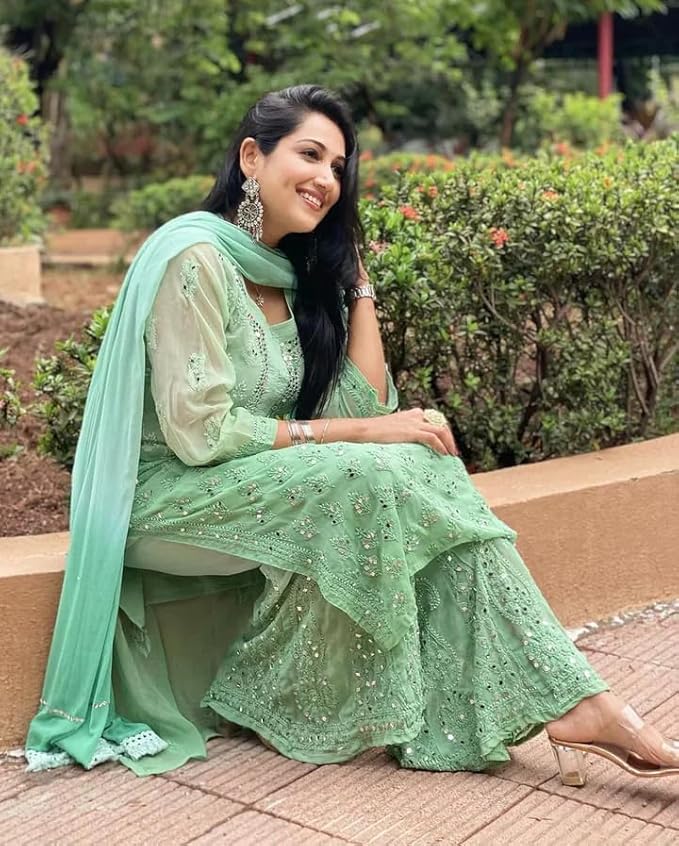 Pista Green Ombre Georgette Chikankari Kurti Palazzo Dupatta Set With Mirror Work