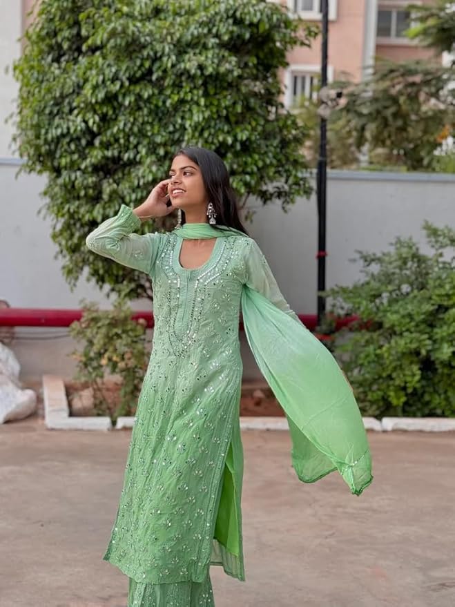 Pista Green Ombre Georgette Chikankari Kurti Palazzo Dupatta Set With Mirror Work XXL Pista Green Ombre Georgette Chikankari Kurti Palazzo Dupatta Set With Mirror Work XXL