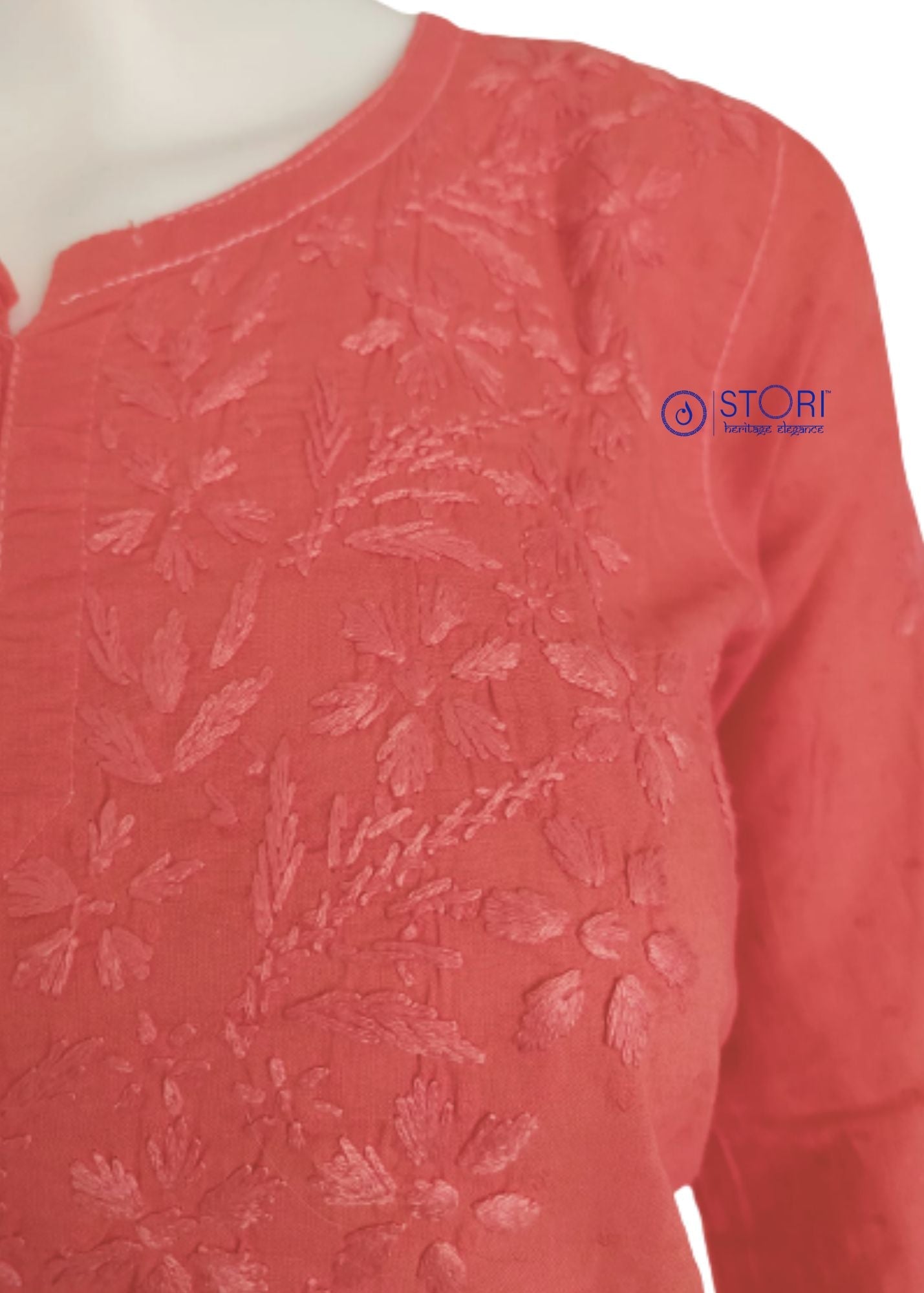 Peach Dobby Cotton Short Chikankari Kurti