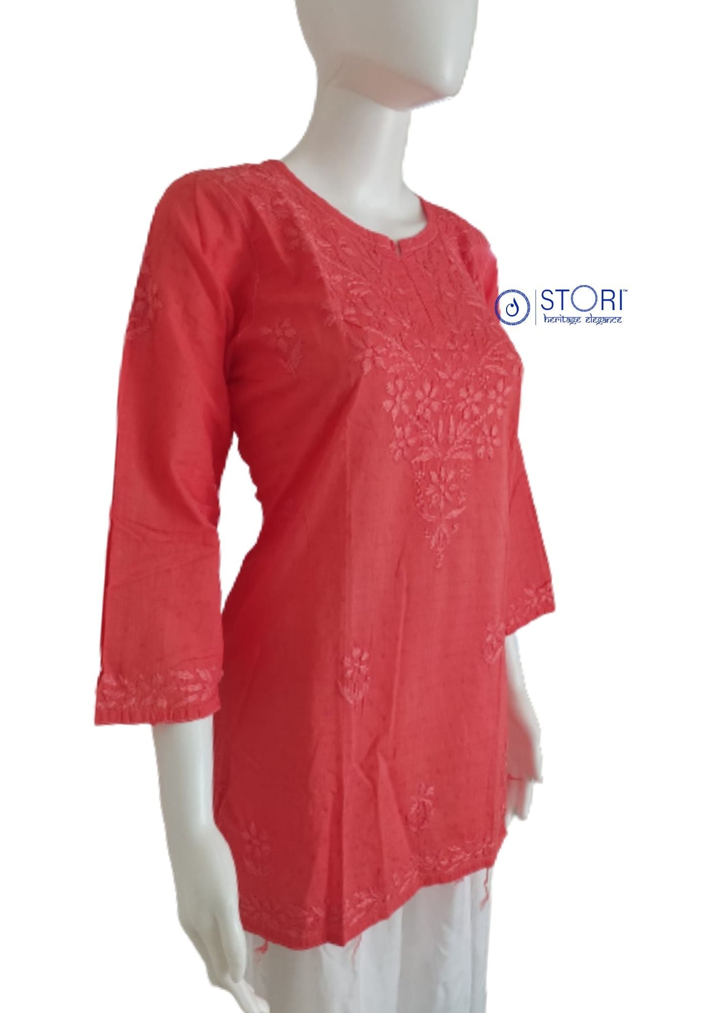 Peach Dobby Cotton Short Chikankari Kurti