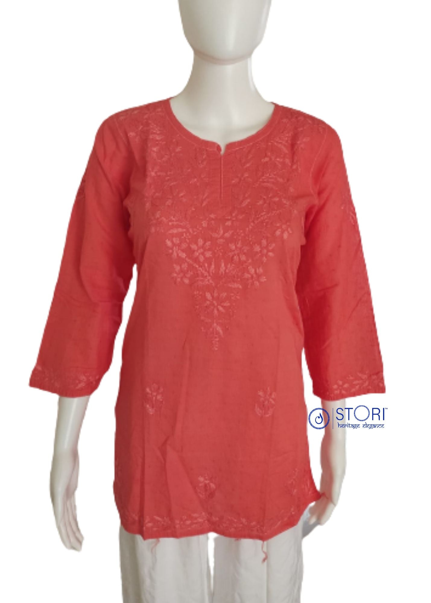 Peach Dobby Cotton Short Chikankari Kurti