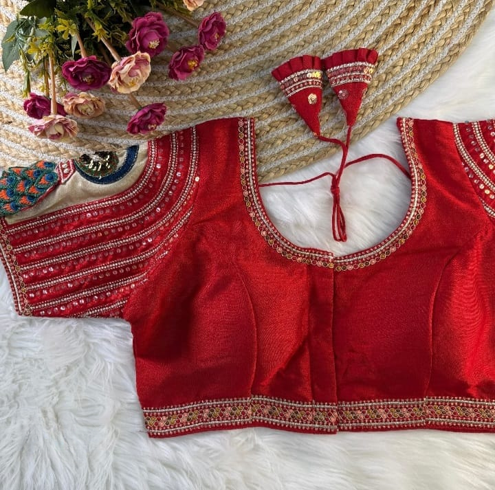3-D Peacock Sleeves Appliqued Designer Blouse- Plus Size
