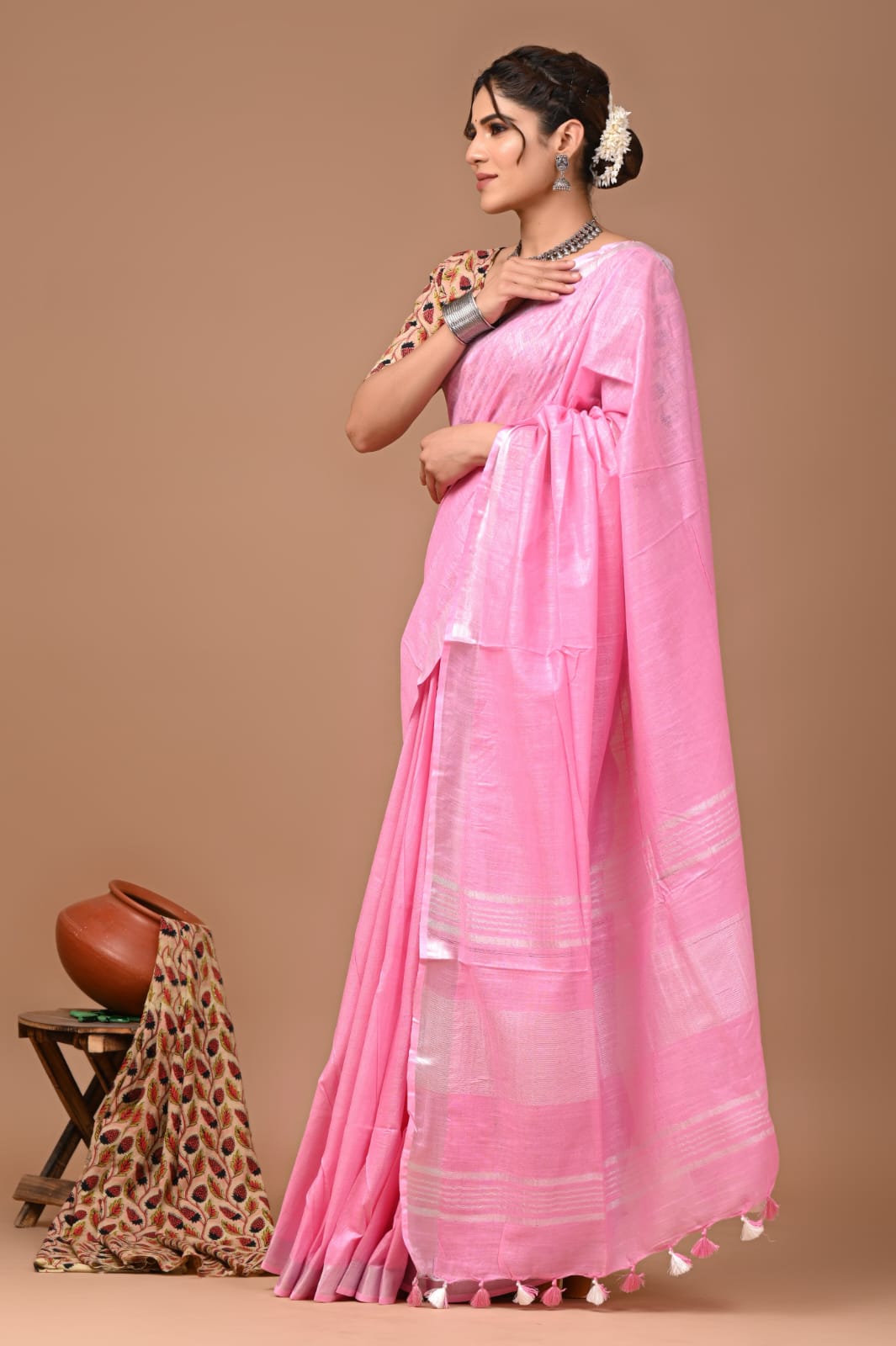 Light Pink Linen Saree With Extra Ajrakh Printed Blouse