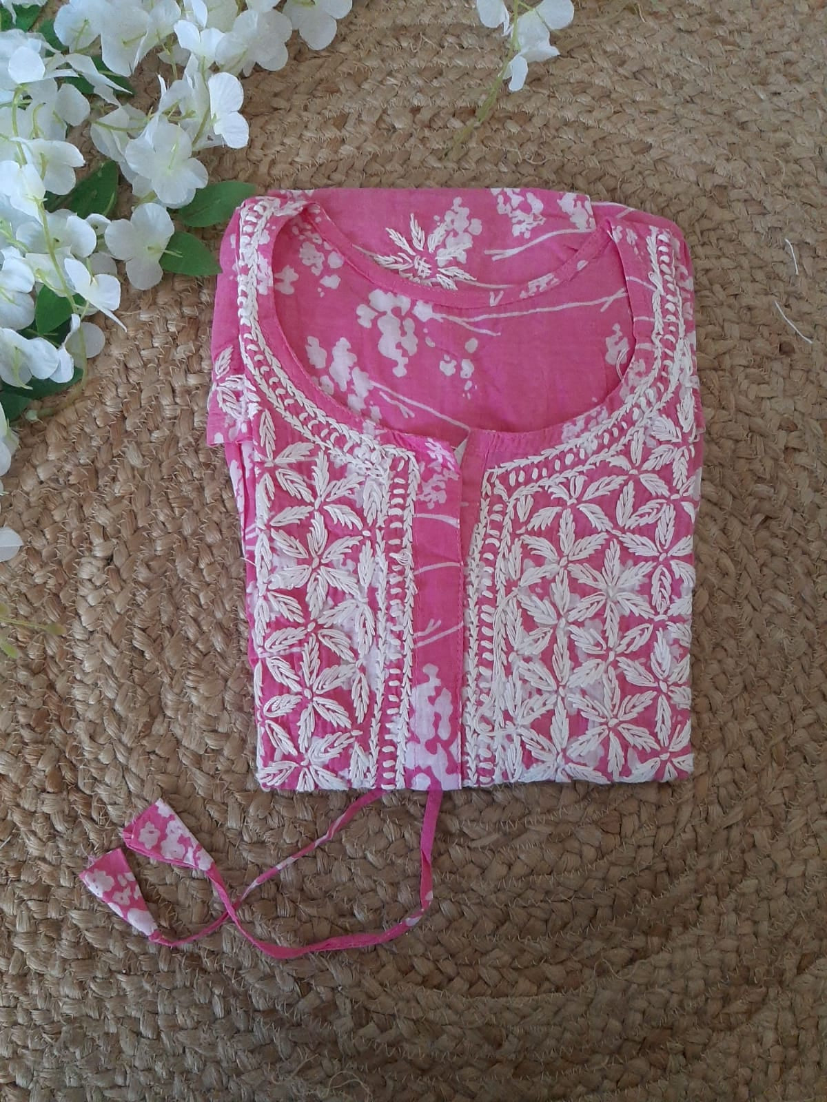 Petals Printed Pink Cotton Mulmul Chikankari Short Kurti With Dori
