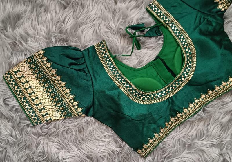 Puff Sleeved Zari Border Raw Silk Blouse