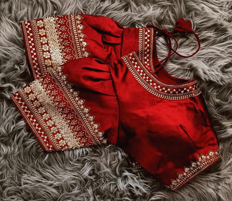 Puff Sleeved Zari Border Raw Silk Blouse