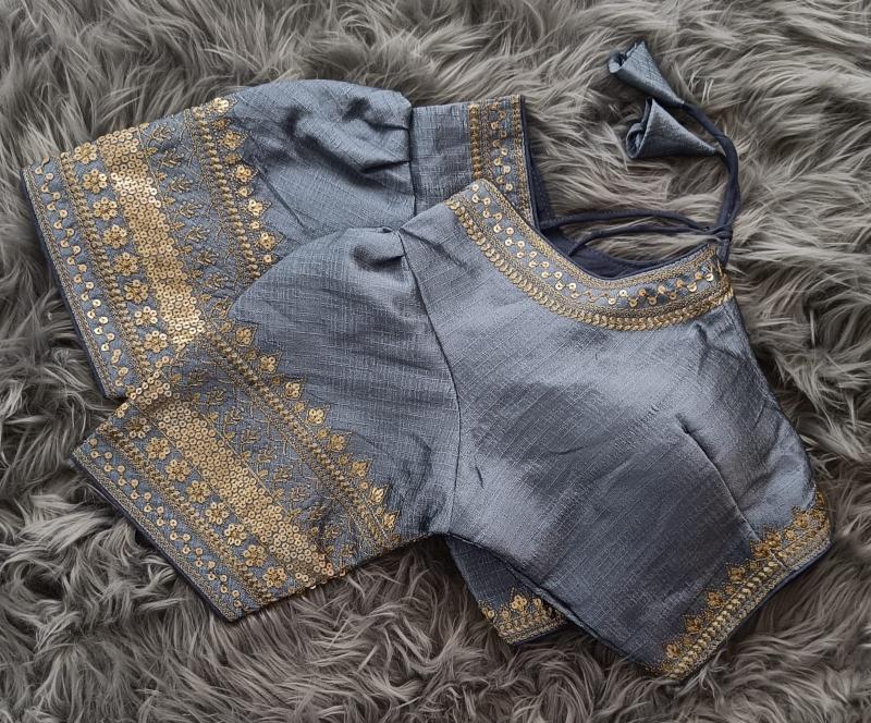 Puff Sleeved Zari Border Raw Silk Blouse