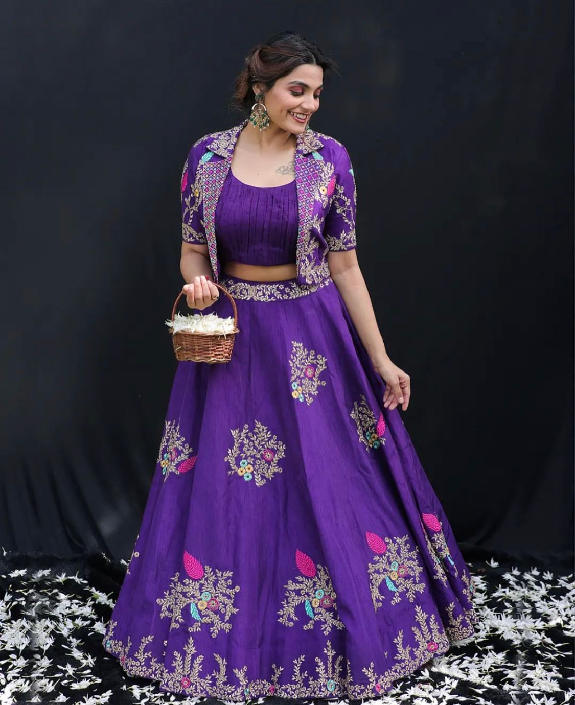 Purple Embroidered Chinon Lehenga Choli With Crop Top STORI Purple Embroidered Chinon Lehenga Choli With Crop Top STORI
