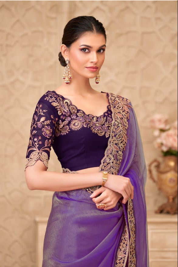 STORI Purple Saree With Designer Blouse