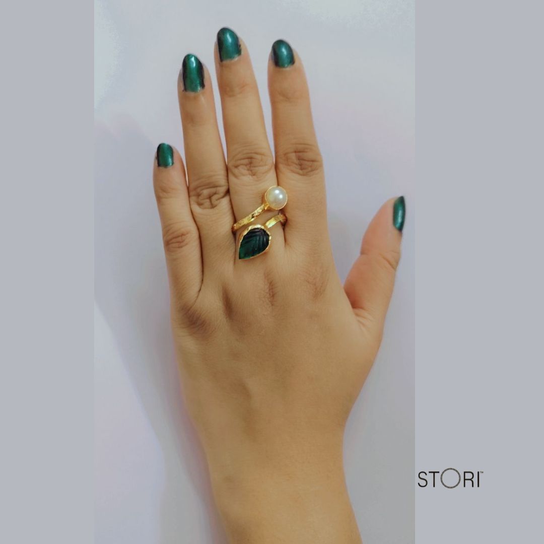 Blue Quartz & Pearl Dual Stone Finger Ring