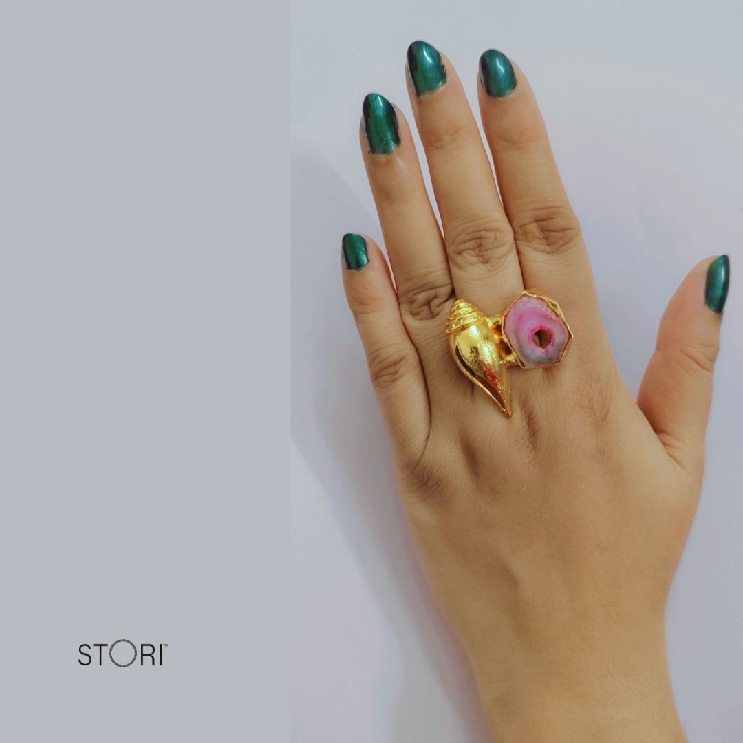 Rose Quartz & Golden Shell Statement Finger Ring