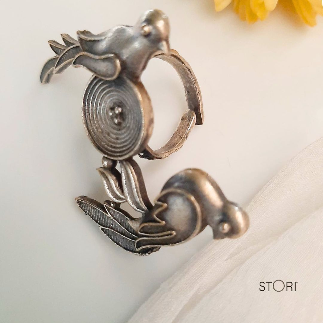 Gemini Dual Birds Adjustable German Silver Finger Ring