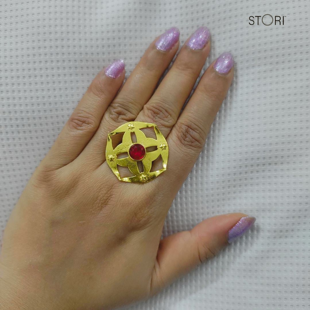Red Stone Golden Polish Finger Ring