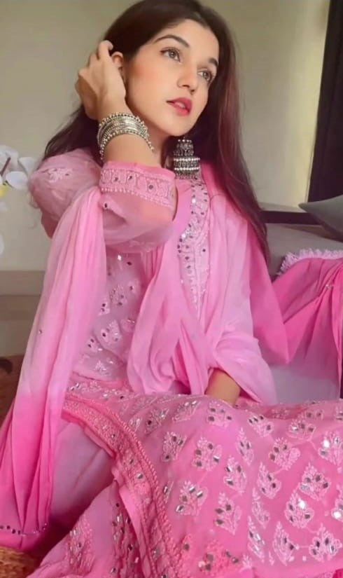 Rose Pink Ombre Georgette Chikankari Kurti Palazzo Dupatta Set With Mirror Work