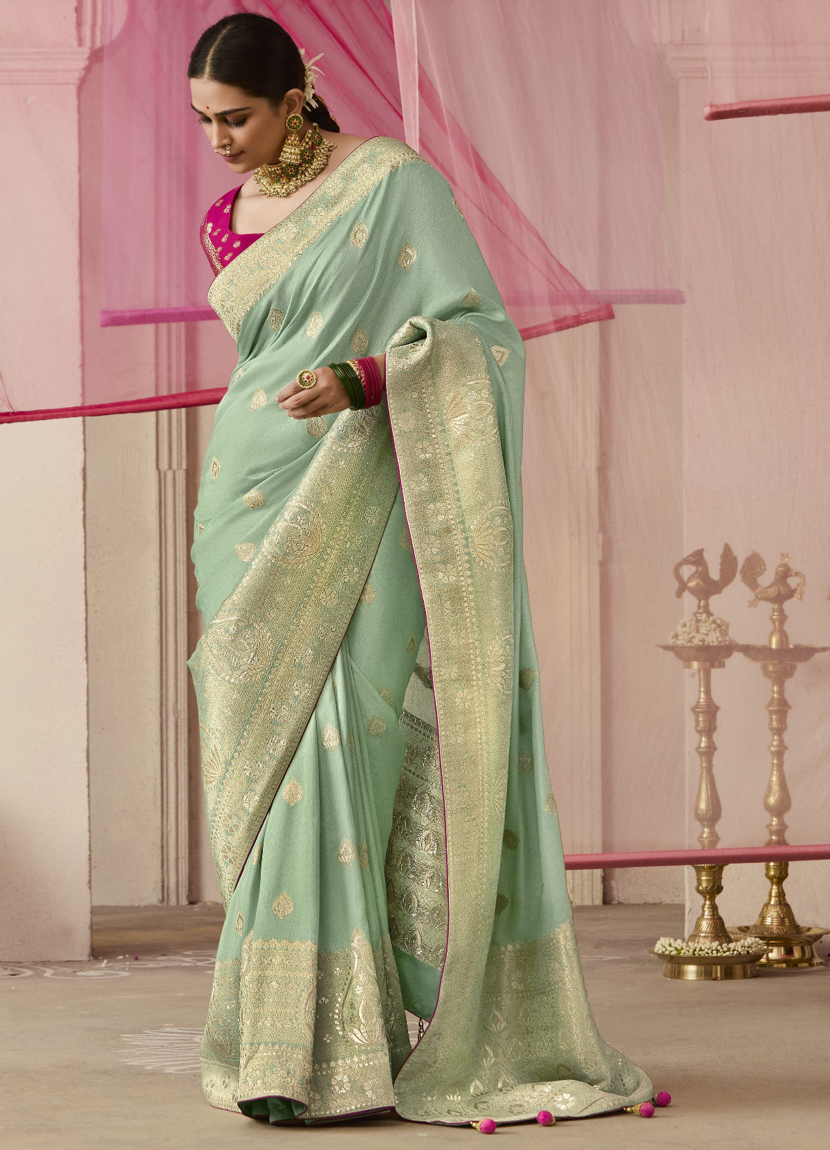 Pista Green Banarasi Silk Saree