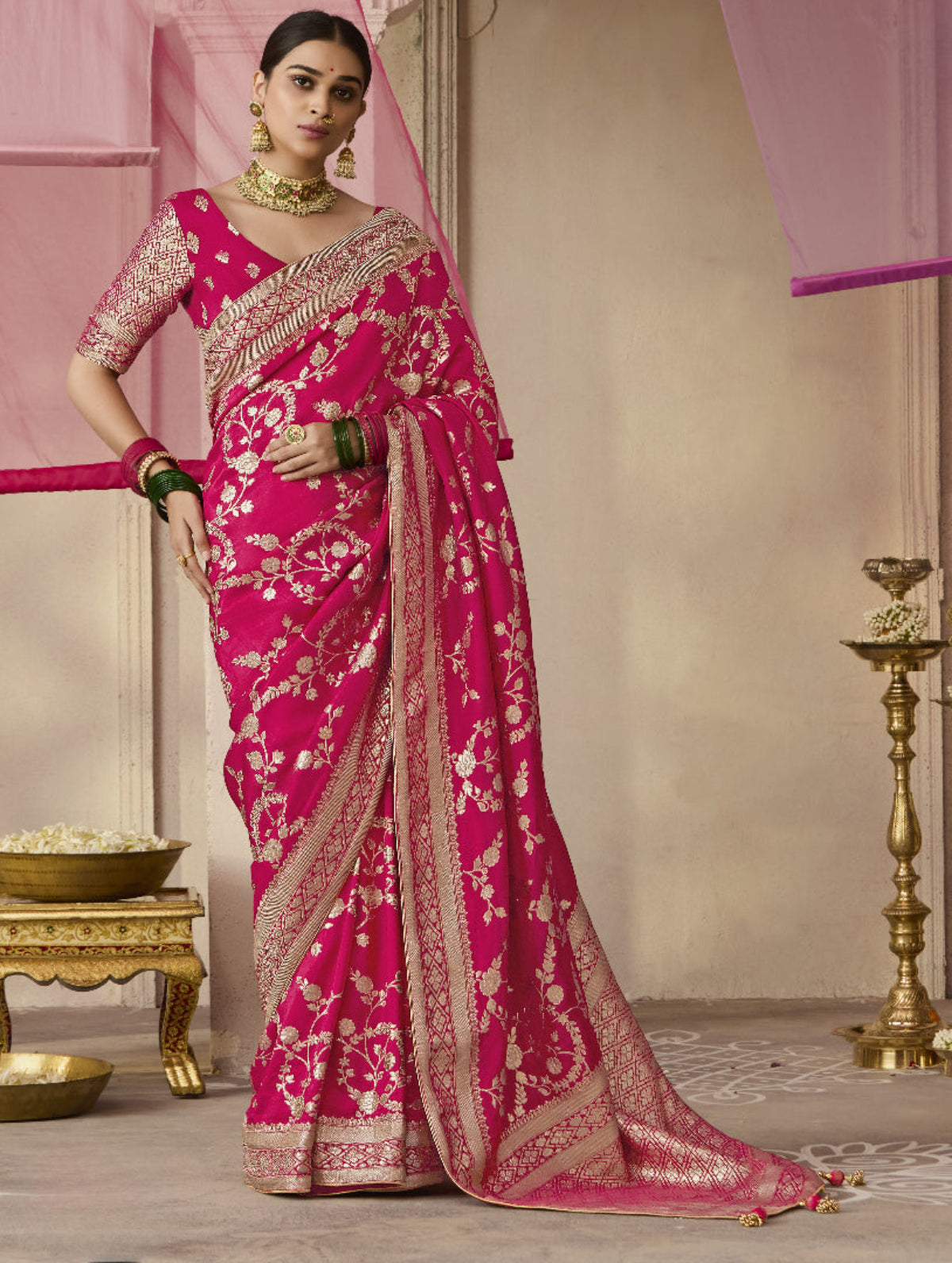 Rani Pink Banarasi Silk Saree Online in India