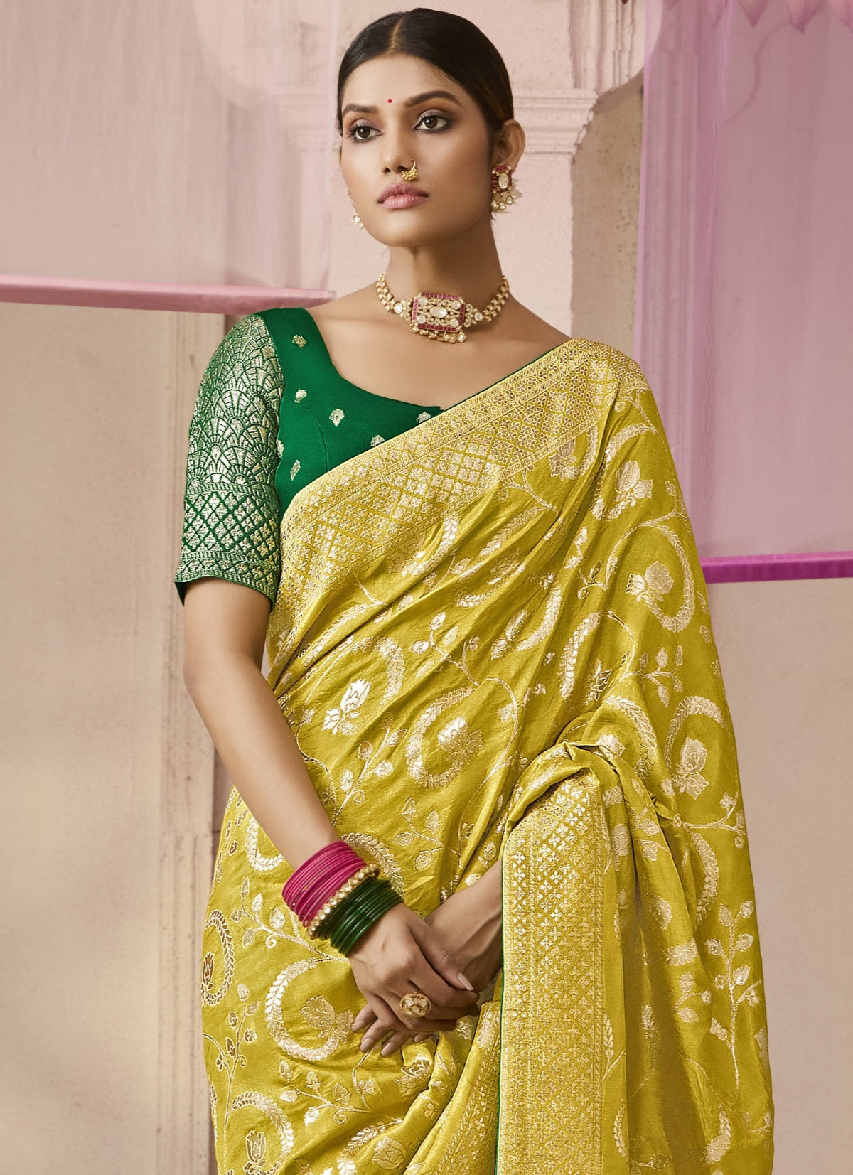 Mustard Yellow Banarasi Silk Saree Online in India