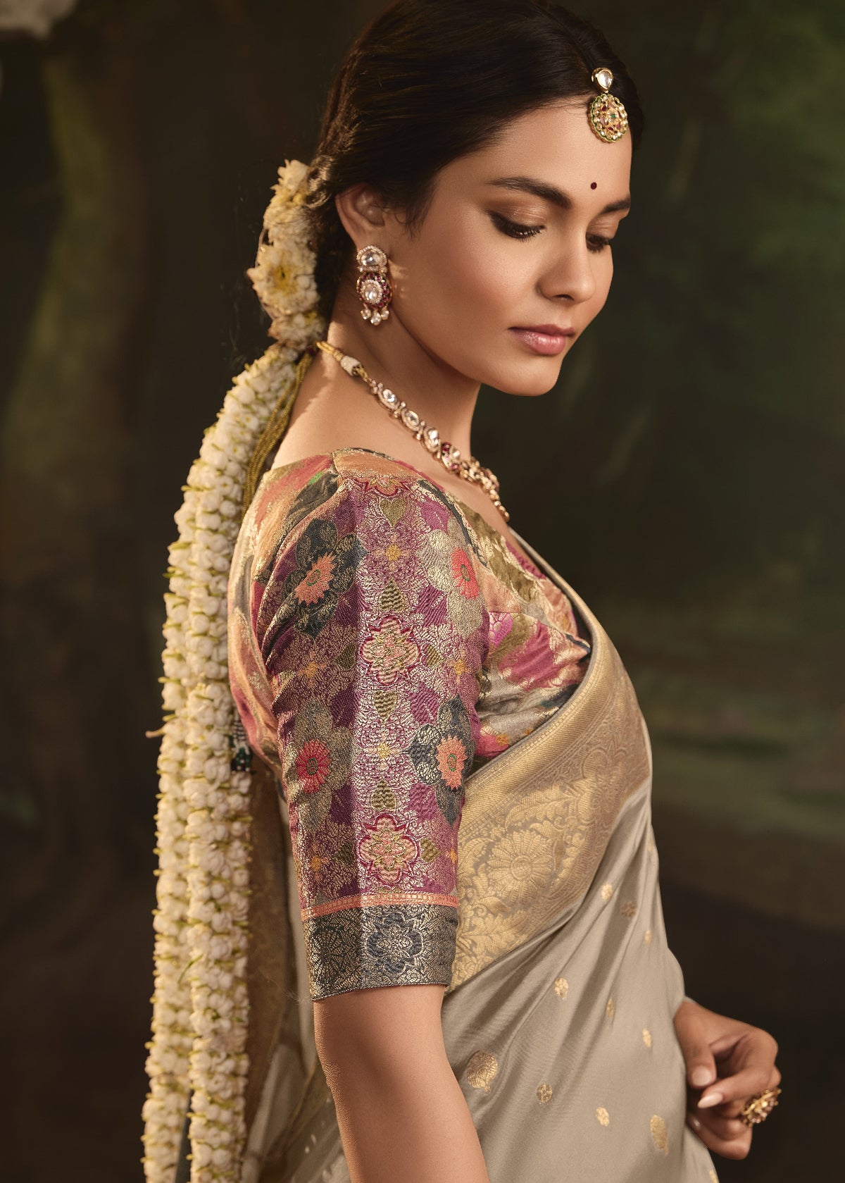Beige Silk Saree with Designer Blouse Online in India