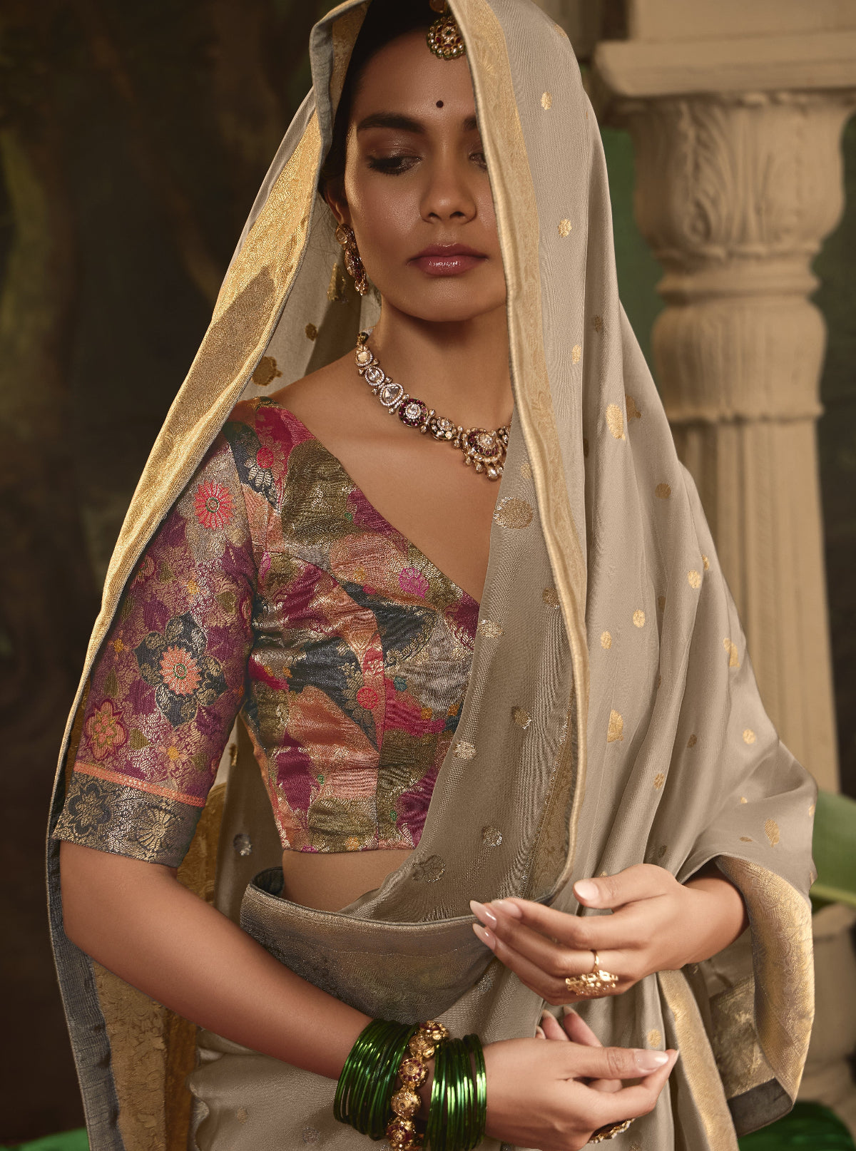 Beige Silk Saree with Designer Blouse Online in India