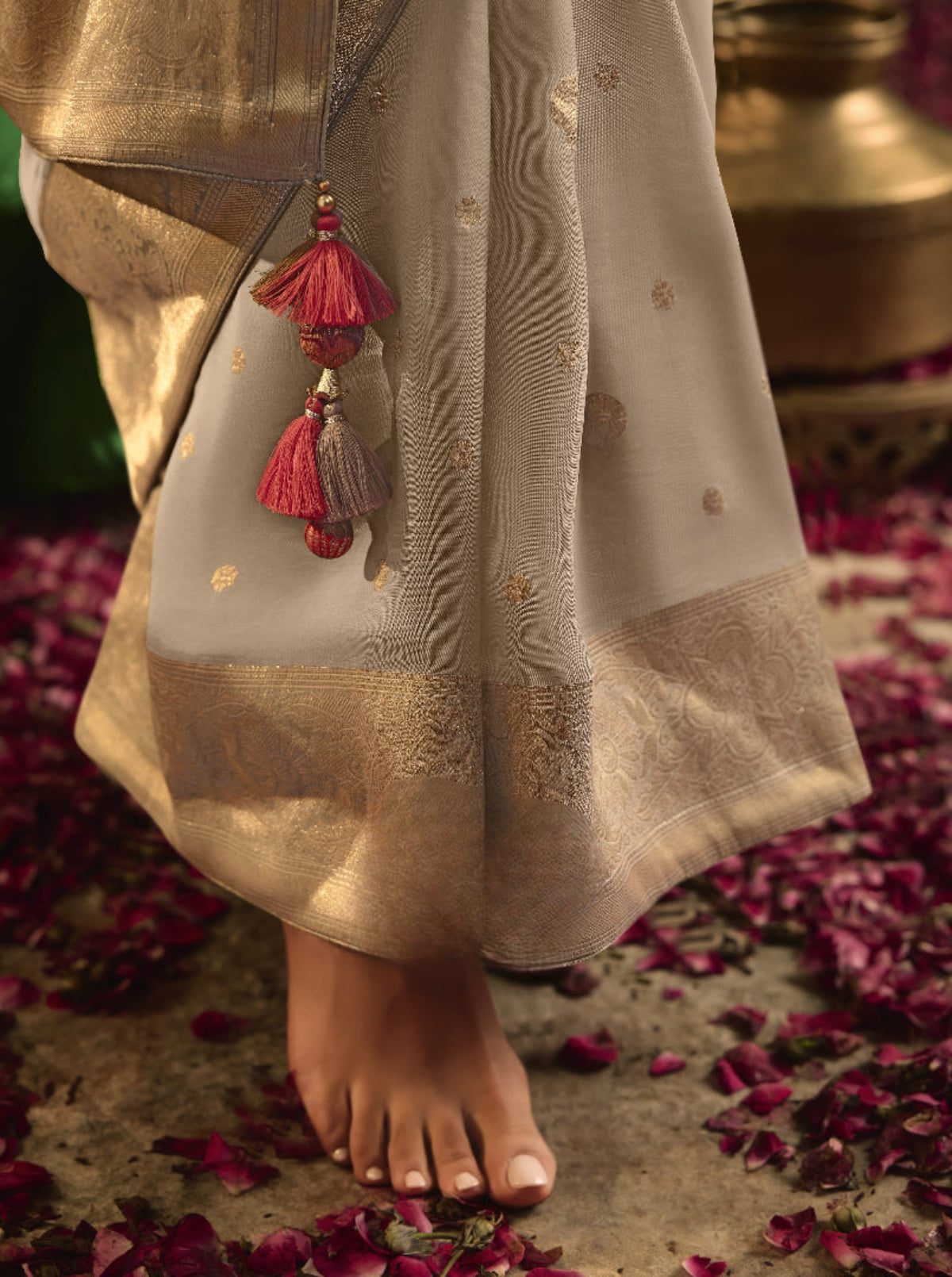 Beige Silk Saree with Designer Blouse Online in India