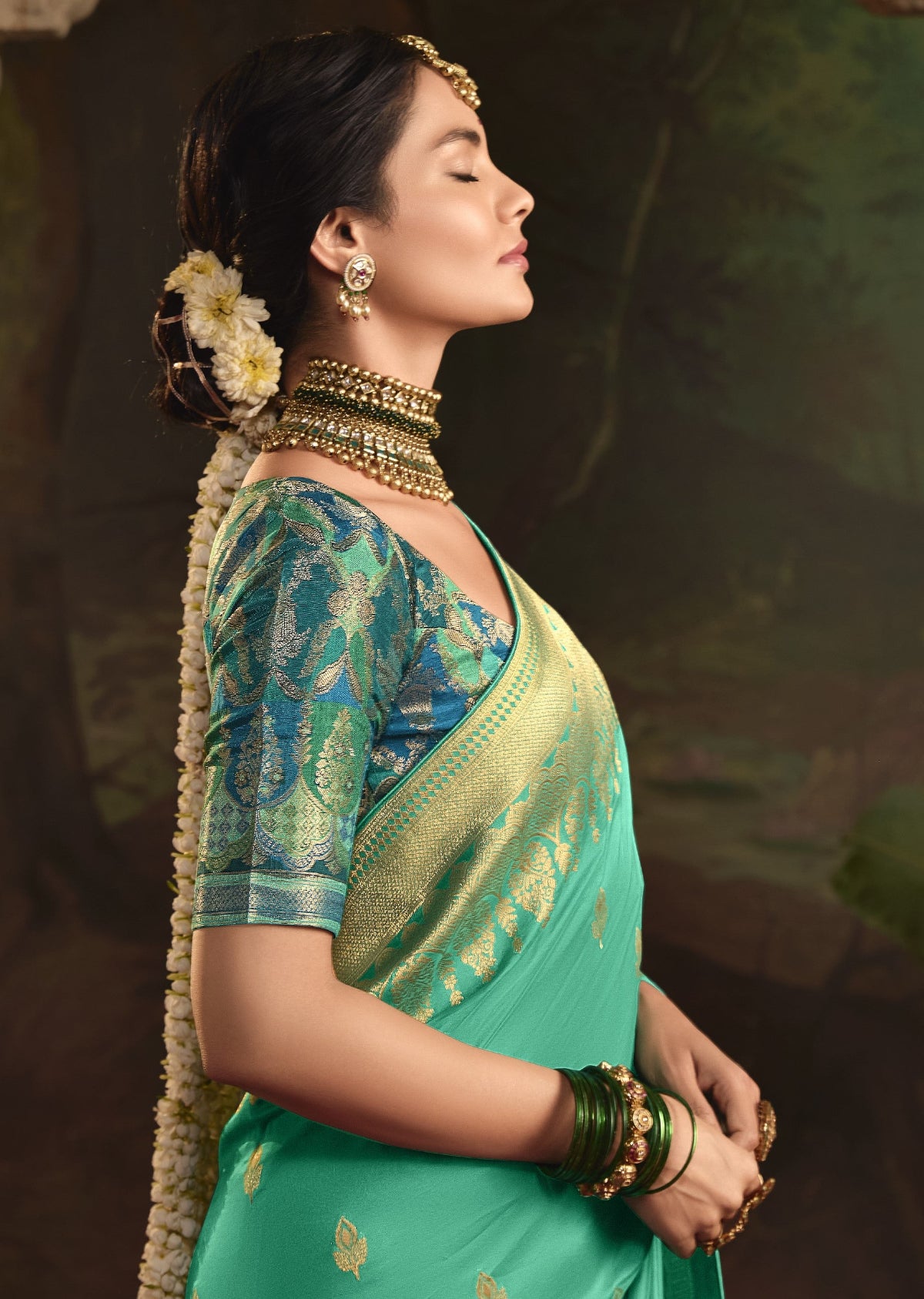Pastel Aquamarine Silk Saree With Designer Blouse Onlie in India