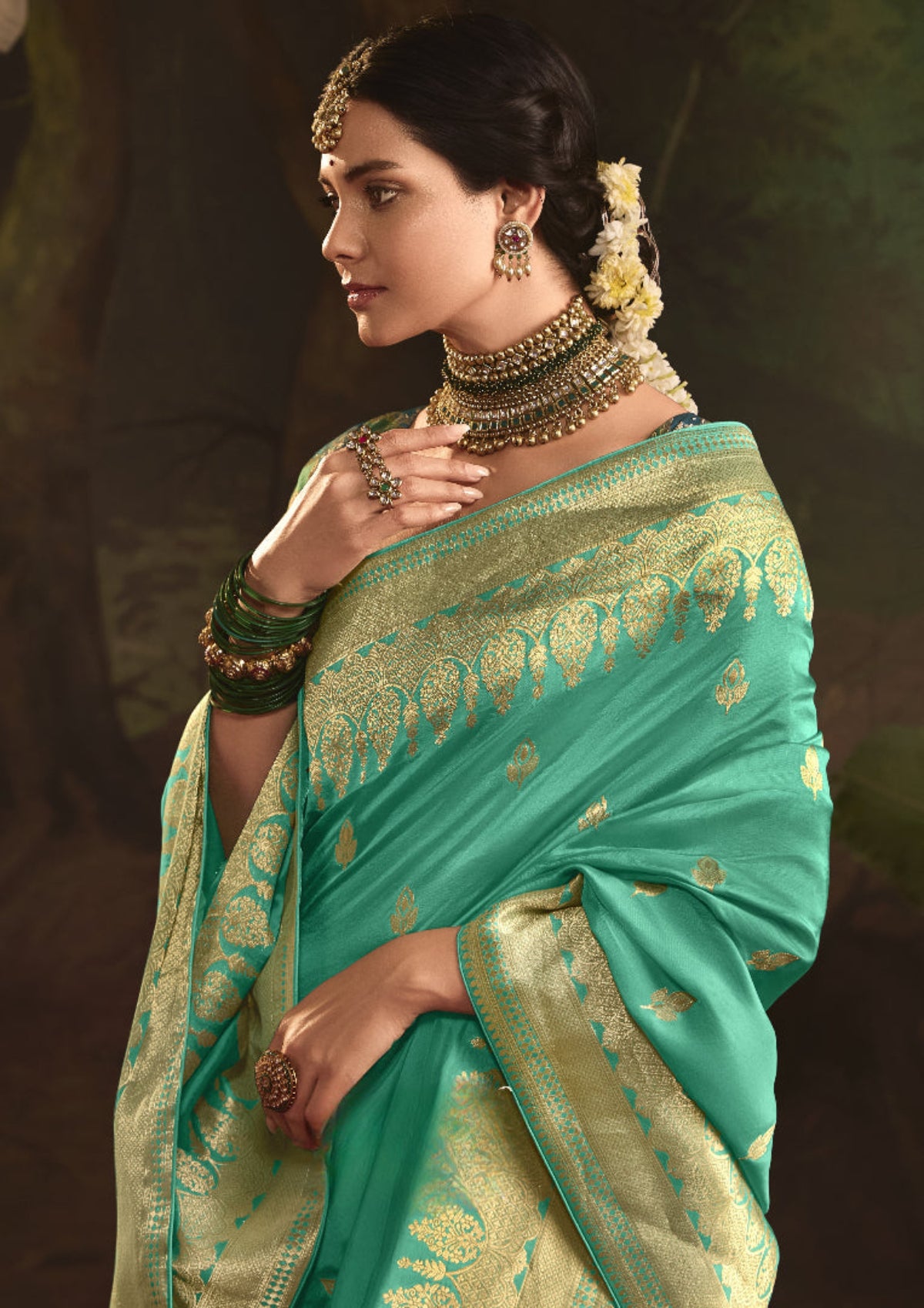 Pastel Aquamarine Silk Saree With Designer Blouse Onlie in India