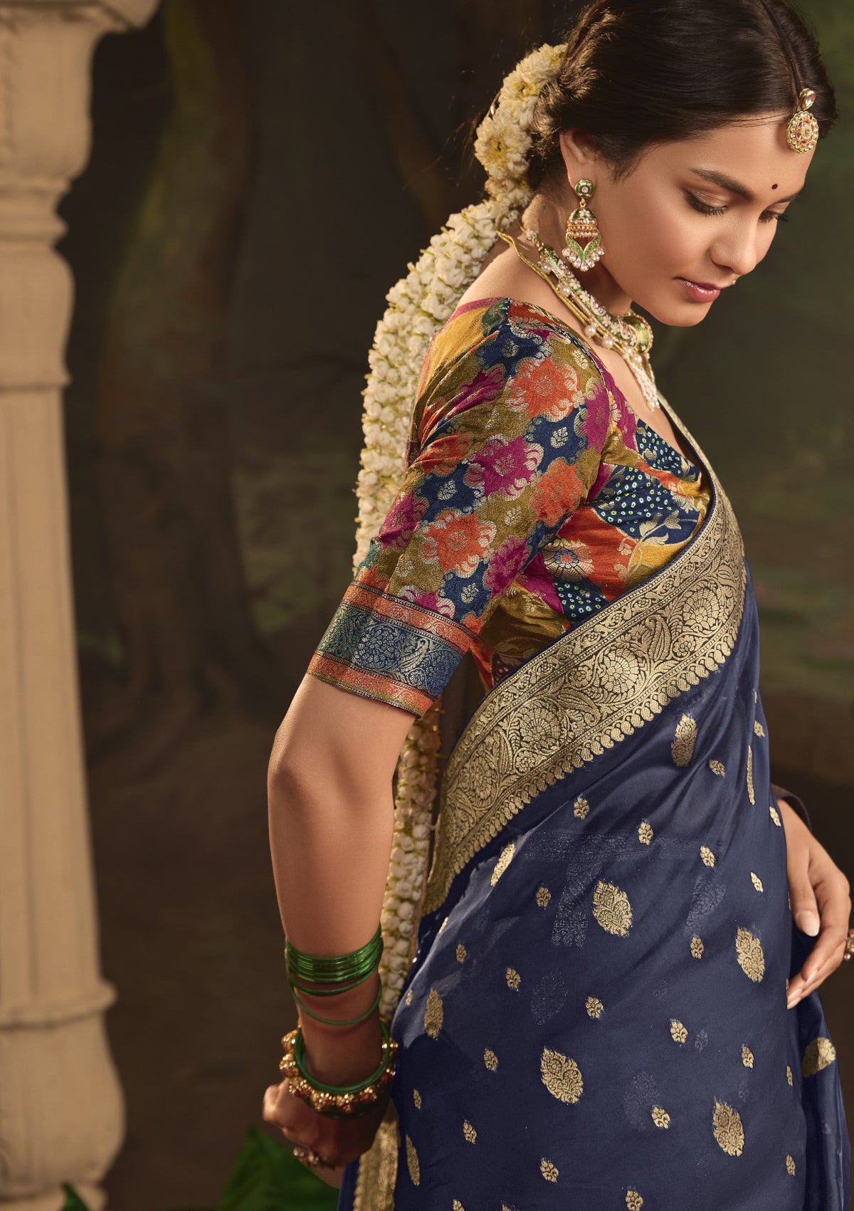 Navy Blue Silk Saree With Designer Blouse Online in India