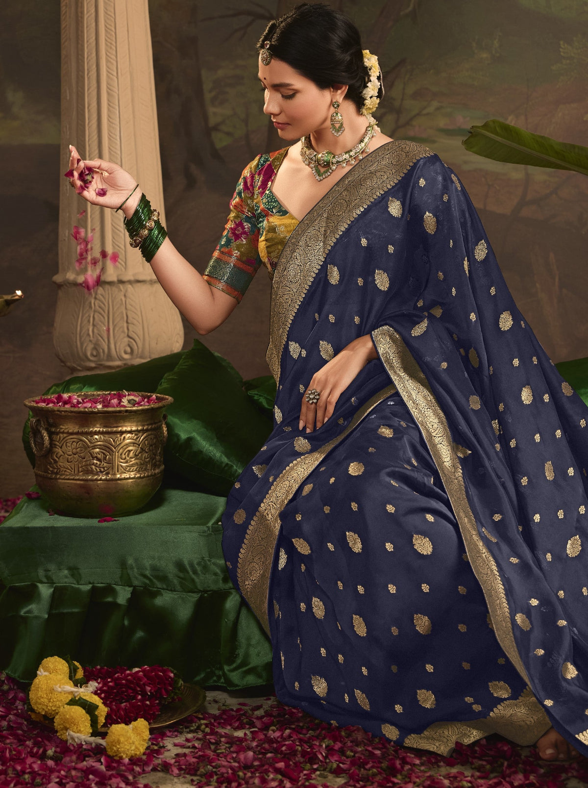 Navy Blue Silk Saree With Designer Blouse Online in India