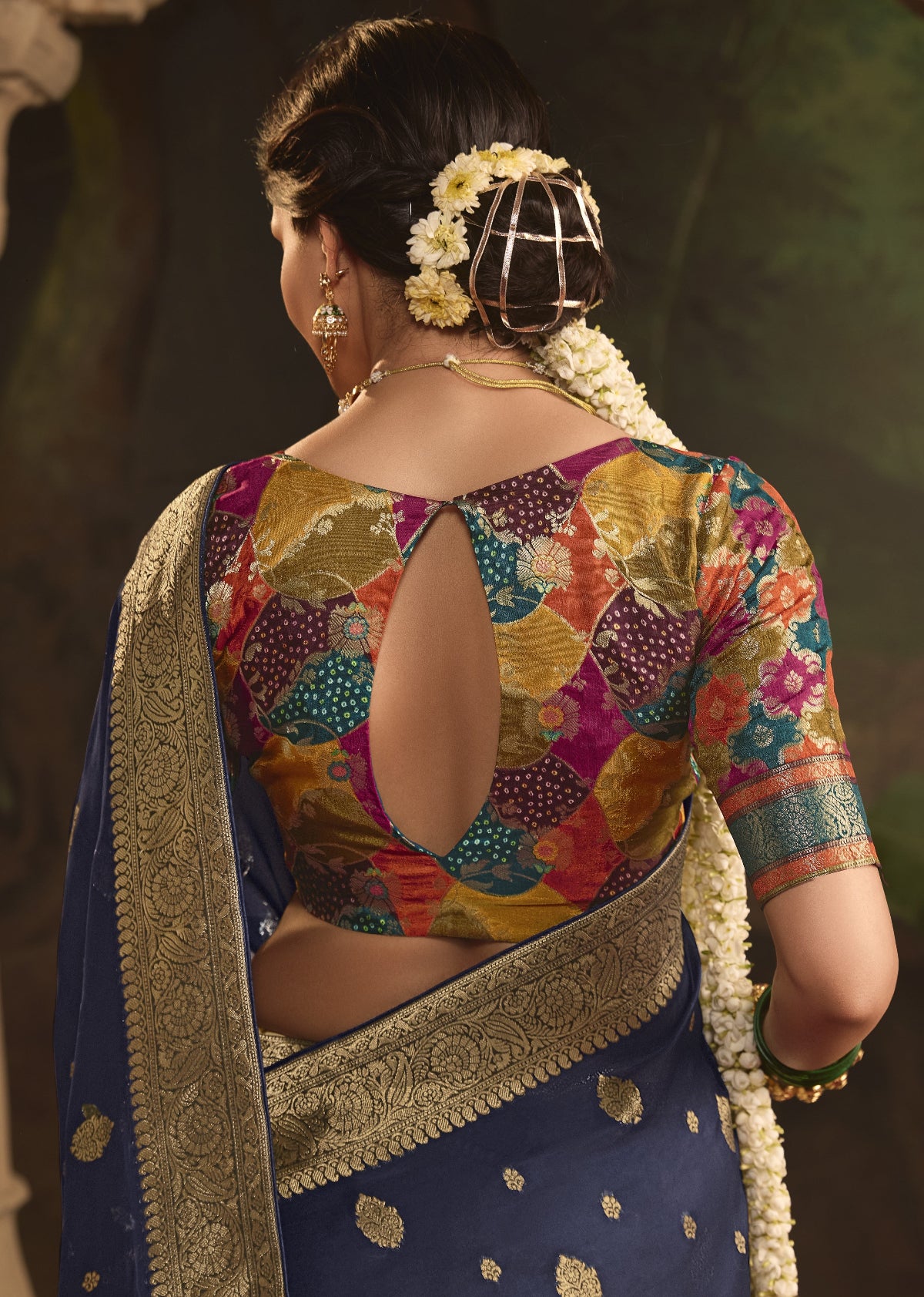 Navy Blue Silk Saree With Designer Blouse Online in India