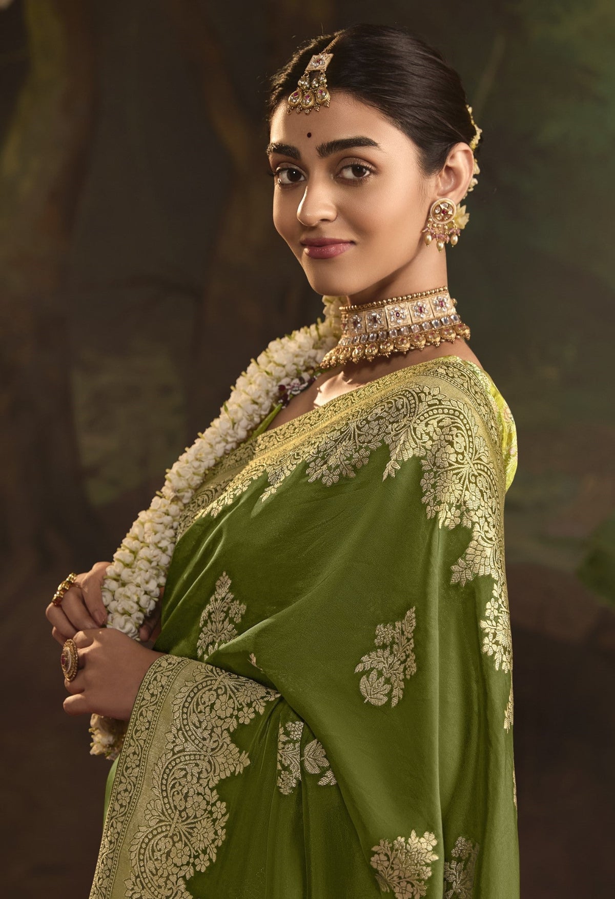 Mehendi Green Silk Saree With Designer Blouse Online in India