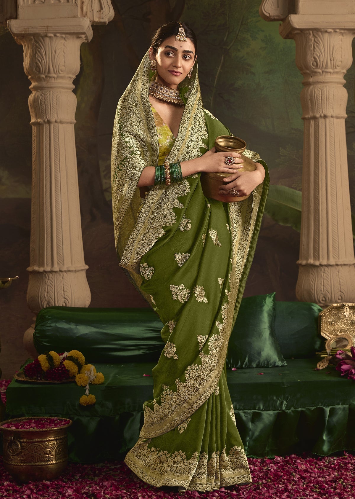 Mehendi Green Silk Saree With Designer Blouse Online in India