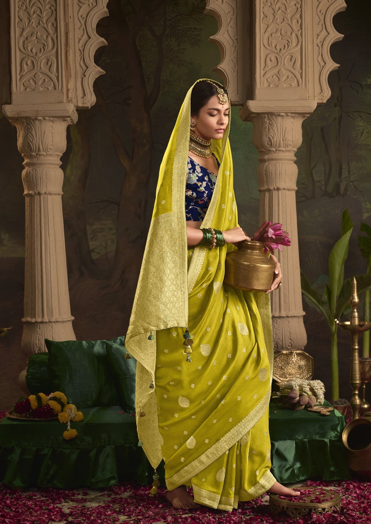 Olive Green Silk Saree With Designer Blouse Online in India