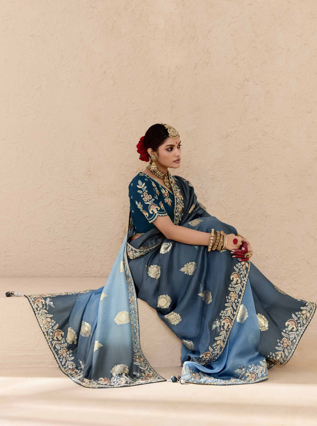 Ombre Blue Banarasi Silk Saree Online in India