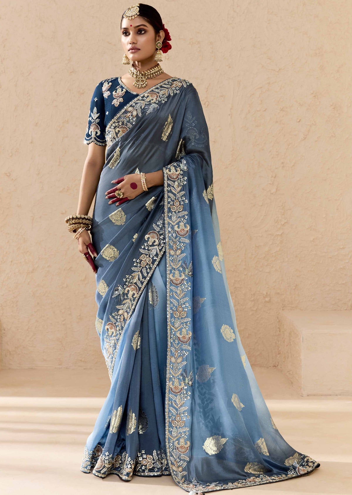 Ombre Blue Banarasi Silk Saree Online in India