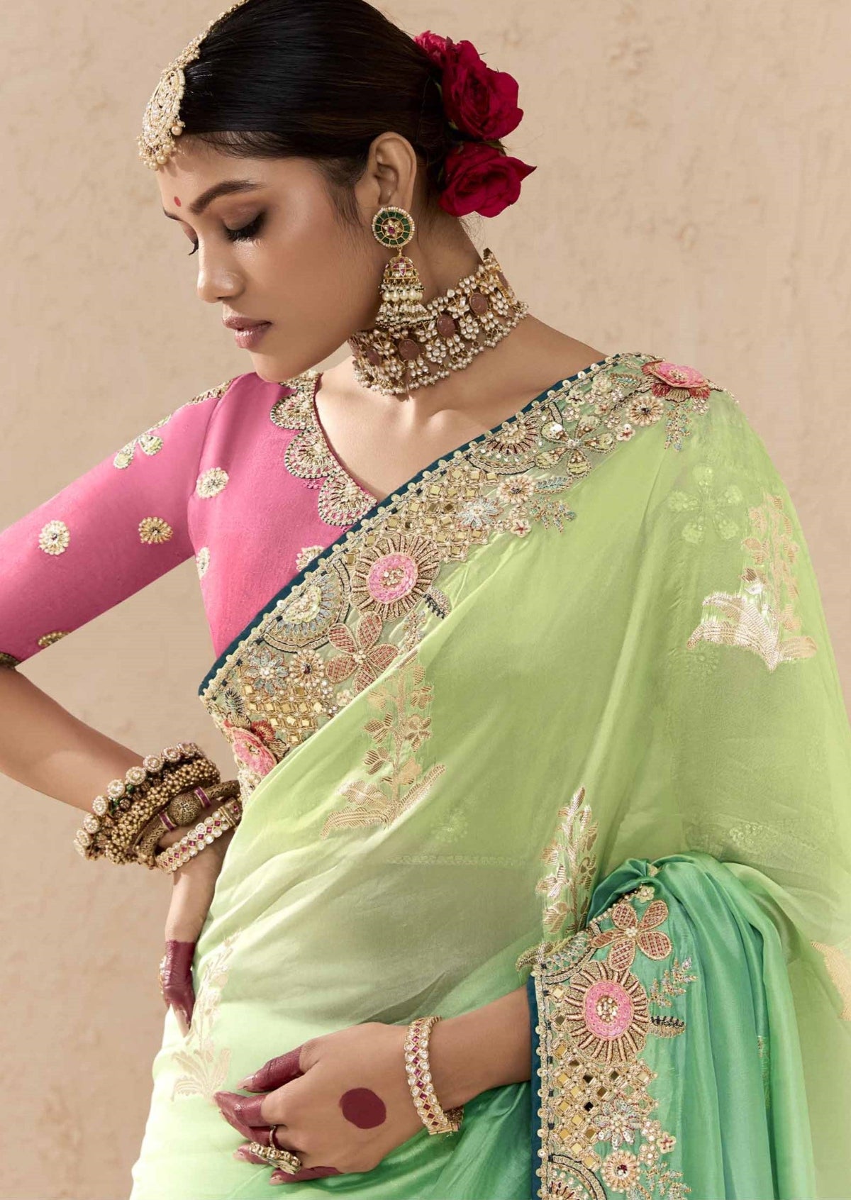 Ombre Mint Green Banarasi Silk Saree Online in India