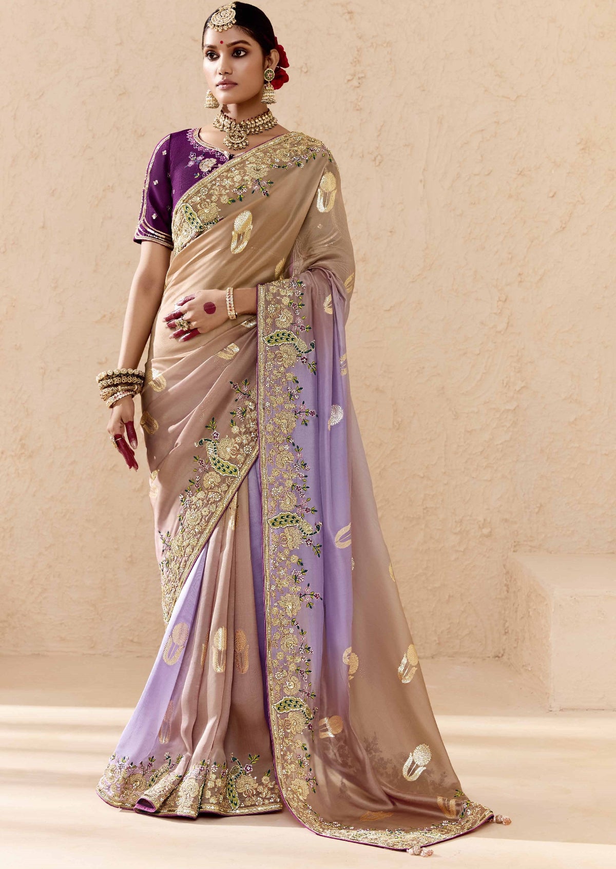 Ombre Beige Banarasi Silk Saree Onlne in India