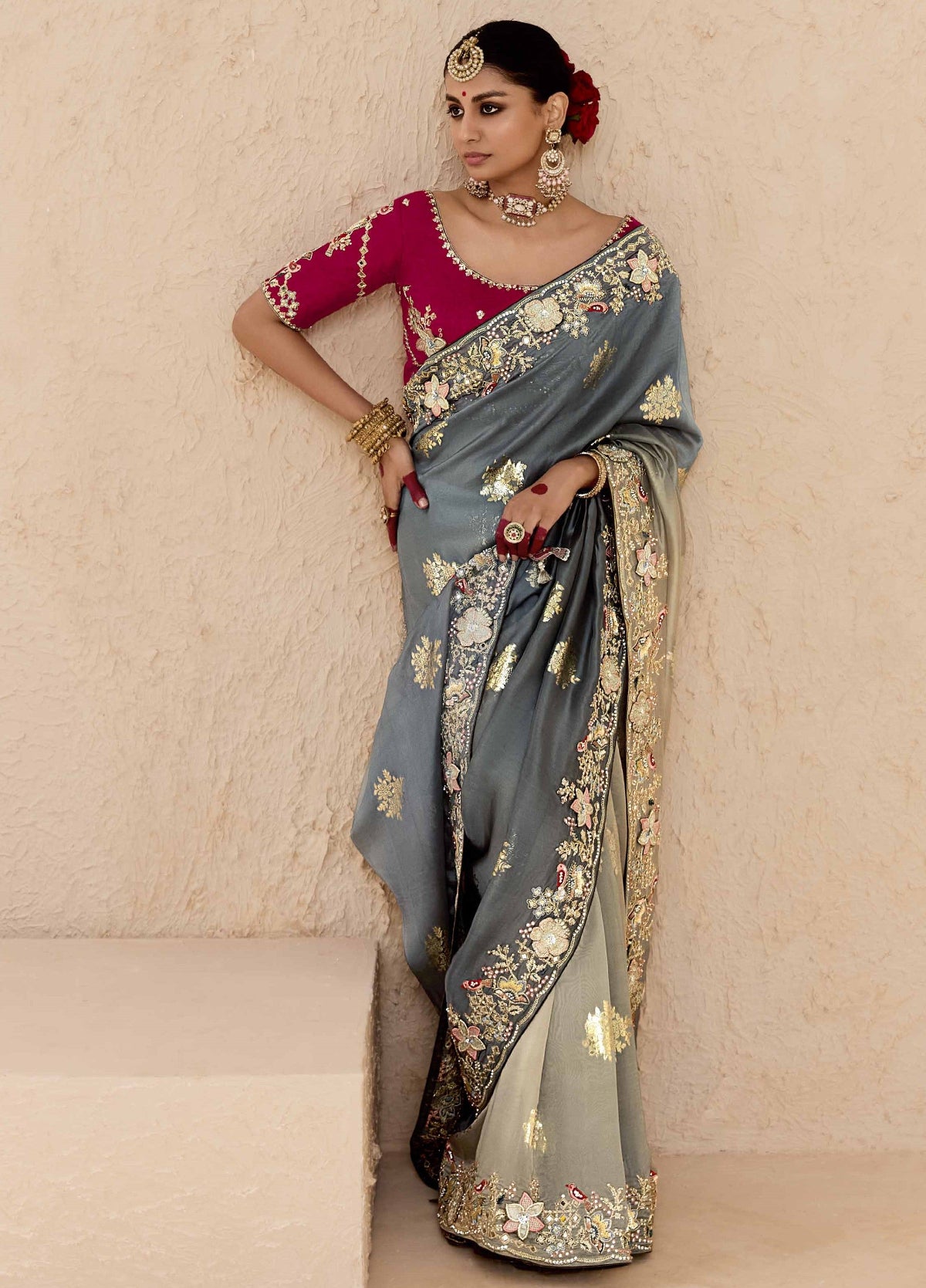 Ombre Grey Banarasi Silk Saree Online in India