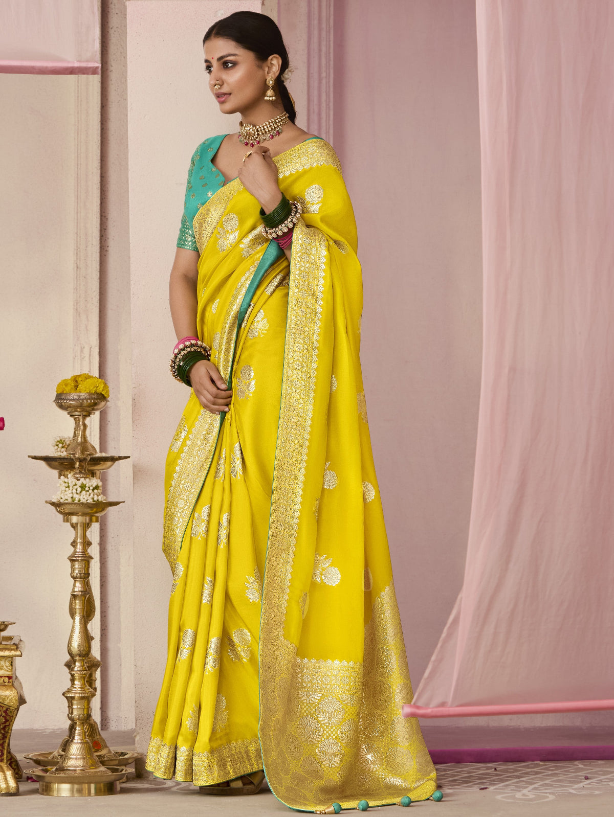 Yellow Banarasi Silk Saree Online in India