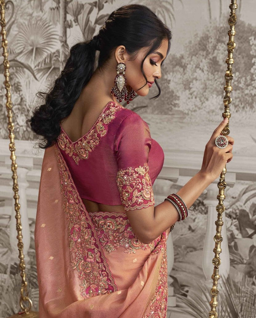 Peachish Pink Heavy Embroidered Designer Silk Saree