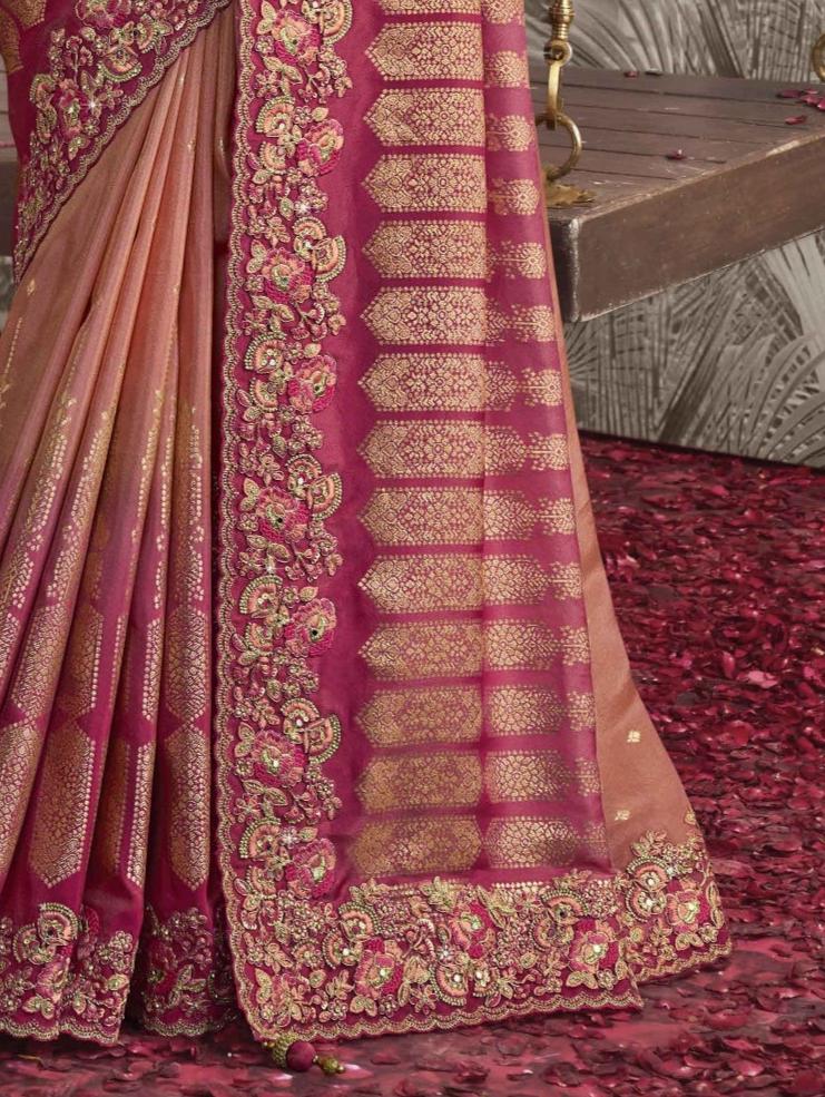 Peachish Pink Heavy Embroidered Designer Silk Saree