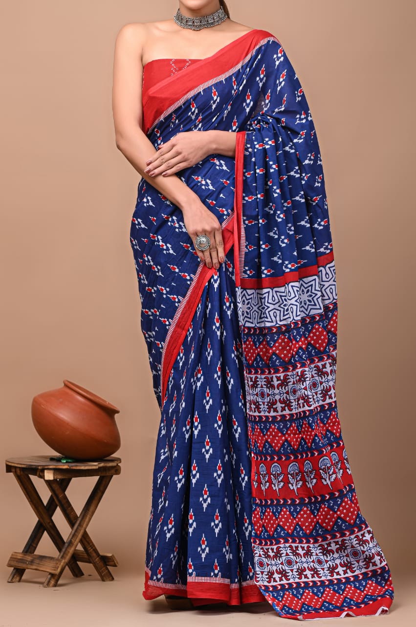 Navy Blue Printed Handloom Cotton Mulmul Saree